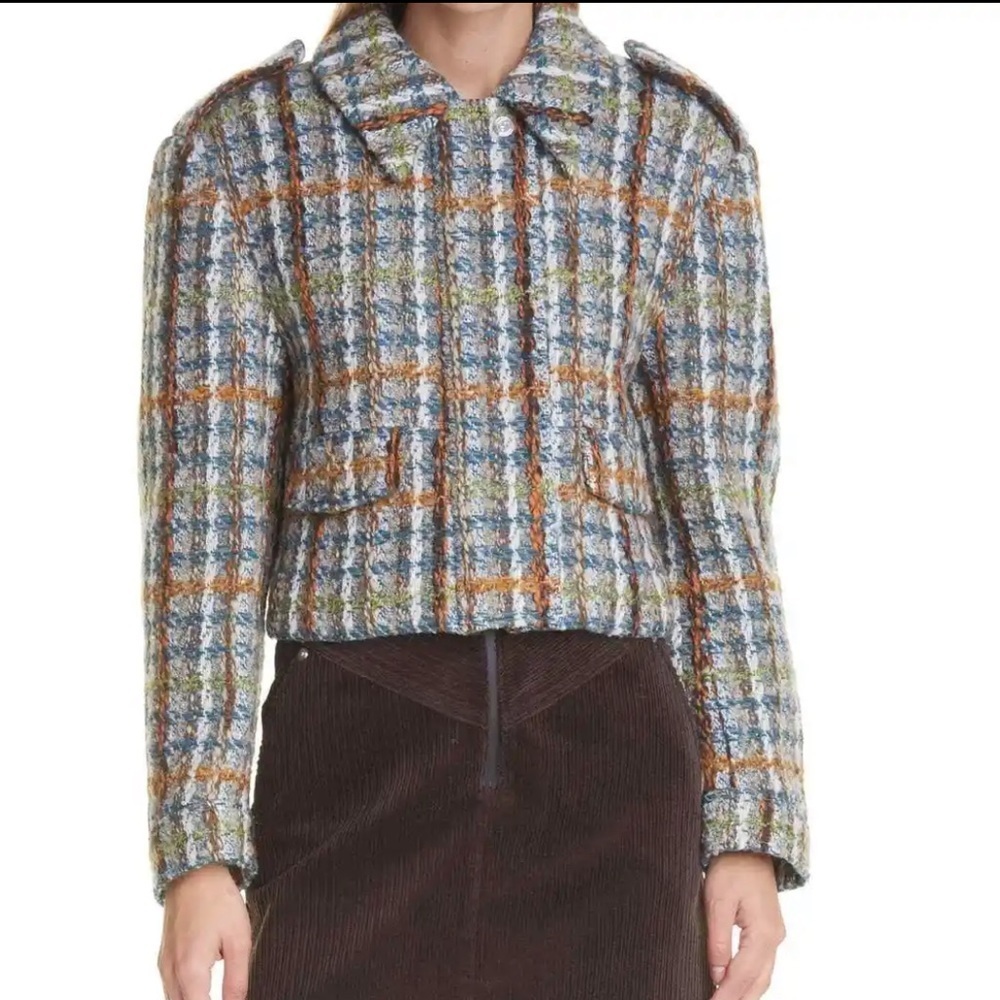 Remain Birger Christensen Lona Boxy Crop Knit Tweed Jacket Aegean Blue Comb nwot